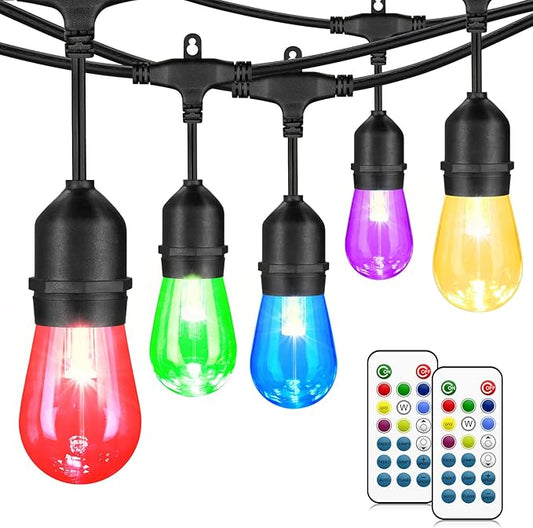 Mlambert 48FT Outdoor Patio Lights Waterproof Dimmable with Remote, RGB Cafe LED String Light with 15 Shatterproof Bulbs for Bistro Party-Black 1 Pack