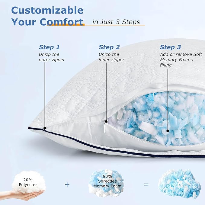 Cooling Bed Pillows King Size Set of 2 for Sleeping, Adjustable Shredded Memory Foam Pillows for Side Back Stomach Sleepers -Luxury Gel Pillows Hotel Pillows with Washable Removable Cover