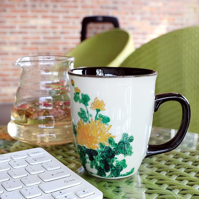 Funny Ceramic Magic Heat Color Changing Art Coffee Tea Mug Gold Chrysanthemum Printing Porcelain Mugs for Women Personalized White Green Tea Cup 16 oz Large coffee Mugs for Mom Girl Grandma