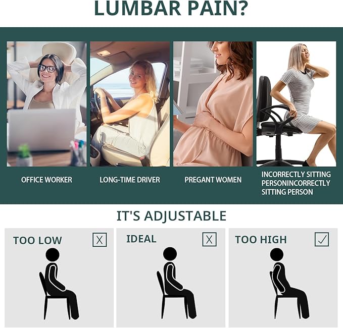 HOMBYS Lumbar Support Pillow for Office Chair-Seat Cushion for Back Support, Improved Sitting Posture and Upper/Lower Back Pain Relief for Desk Chairs, Car Seats and Airplanes(Black, 16"x12"x3")