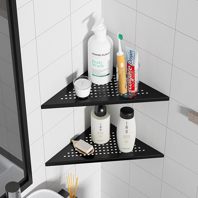 Neodrain 12 Inch Matte Black Corner Wall Shelf Set of 2, Floating Corner Shelves for Wall, 304 Stainless Steel Wall Storage Shelves for Bathroom,No Drilling