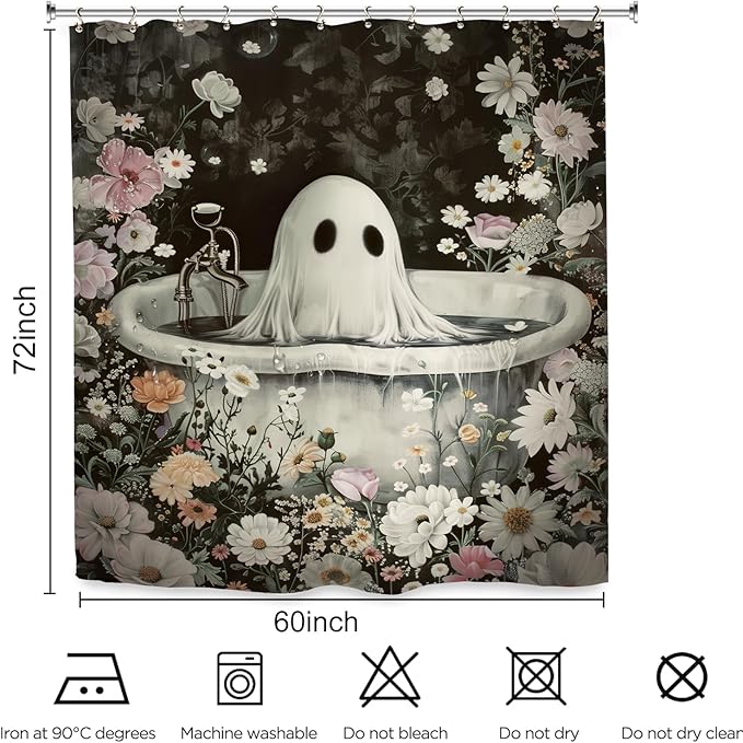 Halloween Ghost Gothic Funny Shower Curtain 60Wx72L Inch Horror Spooky Scary Flower Floral Holiday Bathroom Set Accessories Decor with 12 Pack Hooks