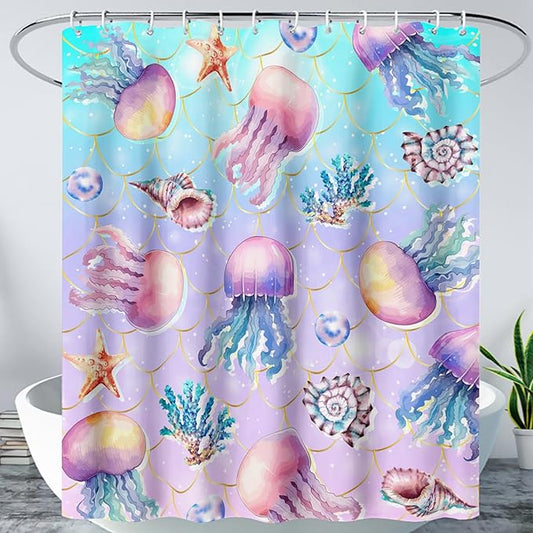 AILONEN Ocean Jellyfish Shower Curtain for Bathroom, Cute Jellyfish Mermaid Printed Bathroom Curtain,Girls Women Kids Coral Bath Curtain 72"W*96"H Polyester Waterproof Bathroom Curtain With 12 Hooks
