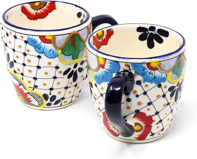 Encantada Handmade Hand-Painted Authentic Mexican Pottery Mugs (Dots & Flowers X2)