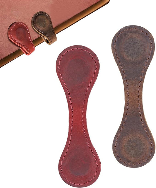 Magnetic Leather Bookmarks,2Pcs Personalized Vintage Bookmarks for Reading Book Accessories Page Markers Convenient Book Mark Clip Gift for Book Lover Readers Men Women Student (Red+Coffee)