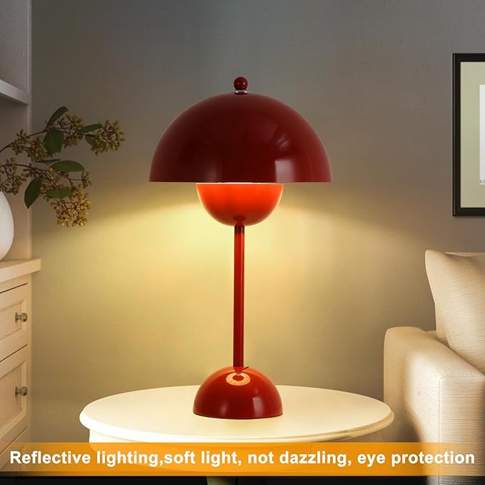 COSYLUX Modern Small Table Lamp for Bedroom, Cute Dome Shade Reflecting Light Reading Lamp for Living Room, Kid's Room, Study, Office, Beside Bedside Nightstand Desk Lamp(Red)