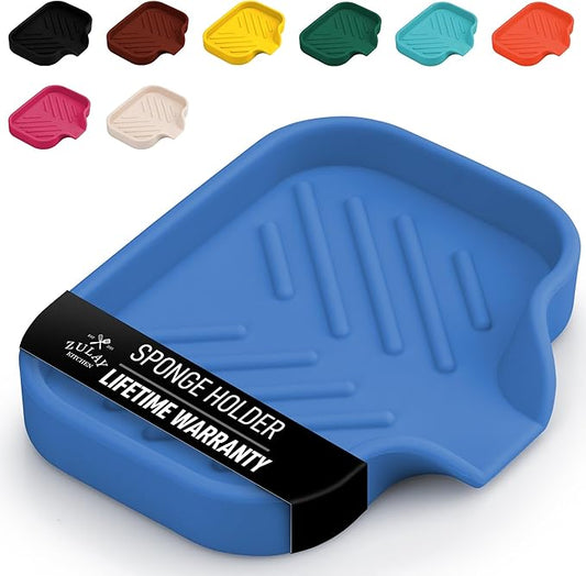 Zulay Kitchen Small Silicone Sponge Holder (4.9x3.3”) – Space-Saving Sink Organizer Tray for Sponge, Soap, Brush & More – Compact Non-Slip Dish for Kitchen & Bathroom (Provence Blue)