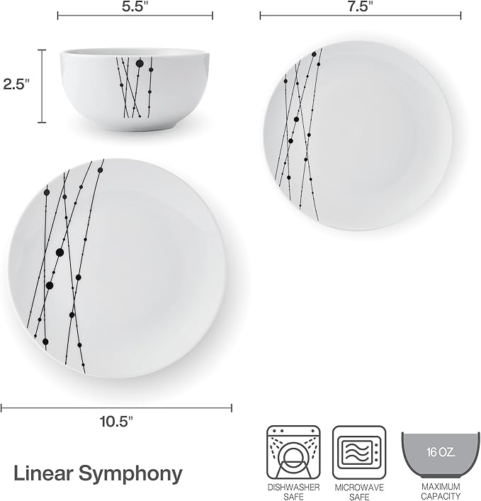Studio Nova Linear Symphony 12 Piece Dinnerware Plate Bowl Set, Service for 4
