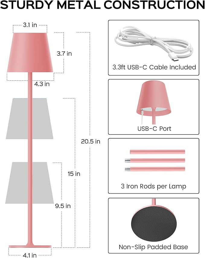 JACKYLED Cordless Table Lamps Rechargeable, 3 Adjustable Height, 5000mAh Battery Operated, 3 Colors Smooth Dimming, Portable LED Waterproof Table Lamp for Dining, Bedroom, Outdoor (2 Pack-Girly Pink)