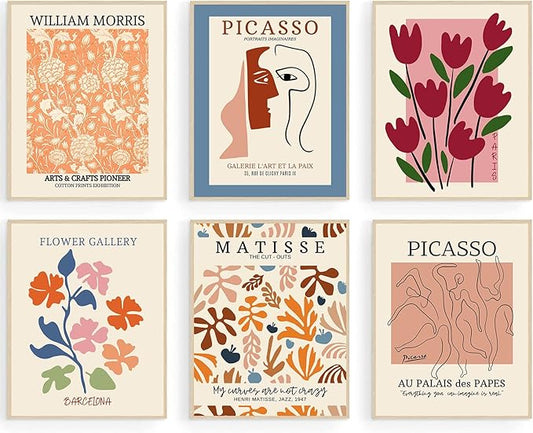 Flower Market Posters Set of 6, Abstract Flower Market Wall Art Prints Exhibition Poster Set, Vintage Matisse Print Picasso Print William Morris Painting Pictures, Boho Room Decor（8x10inch, Unframed)