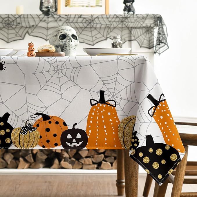 Horaldaily Halloween Tablecloth 60x104 Inch Rectangular, Jack-O-Lantern Pumpkin Cobweb Scary Themed Washable Table Cover for Party Picnic Dinner Decor
