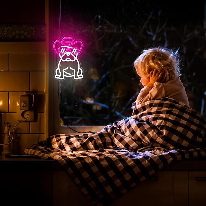 Dog Neon Sign for Wall Decor,Dimmable French Bulldog with Cowboy Hat & Glasses Neon Light,Pink White Puppy Light Up Signs for Pet Shop Bedroom Party Bar Background Decoration