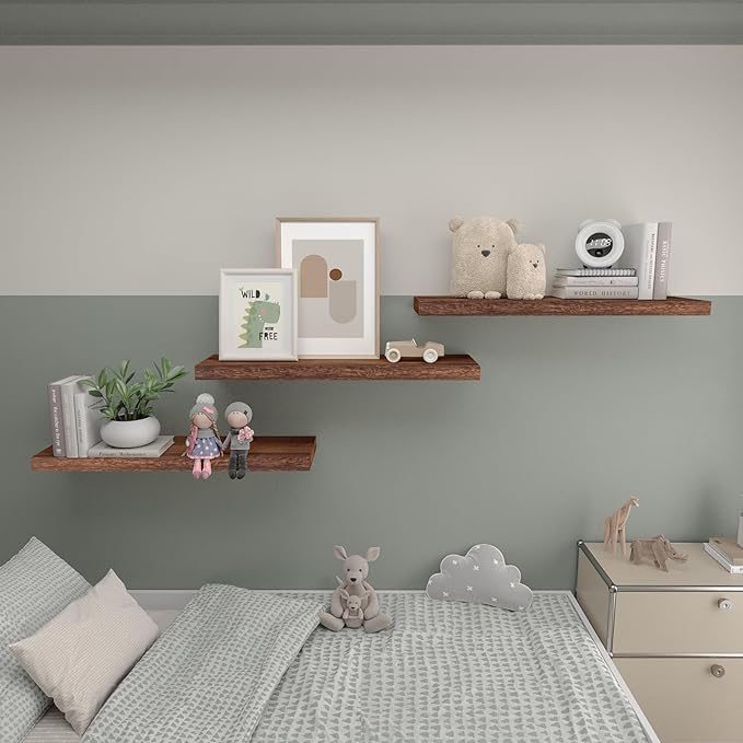 Floating Shelves 24 Inch Wall Shelf Solid Wood Mounted Storage for Bedroom Living Room Set of 3, Rustic Brown Wall Shelves