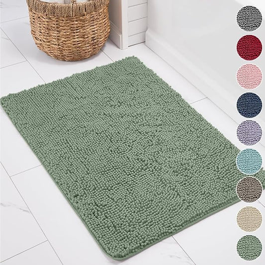 KANGAROO Bathroom Rugs, Chenille Soft Absorbent Bath Rug, Shaggy Shower Mat, Quick Dry Machine Wash Bathmat, Plush Carpet Mats for Tub, Bathtub and Room Home Decor Accessories, 36x24, Sage