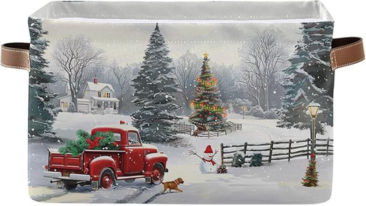 Christmas Tree Red Truck Storage Basket Fabric Laundry Baskets Winter Snowman Snowflake Golden Retriever Dog Storage Boxes Organizer Bag for Cloth Toy Book Storage Cubes Shelf Closet Bins 16×12×8