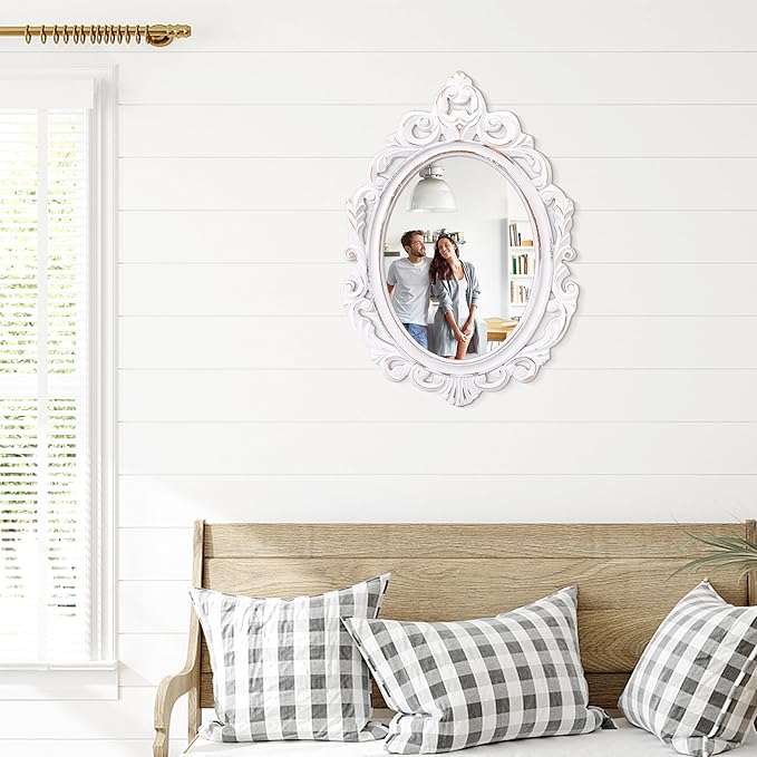 Vintage White Wall Mirror Baroque Style Wall Decor Antique Oval Ornate Accent Wood Bathroom Mirror Vanity Rustic Wall Mounted Mirrors Decorative Farmhouse Mirrors for Bedroom Living Room