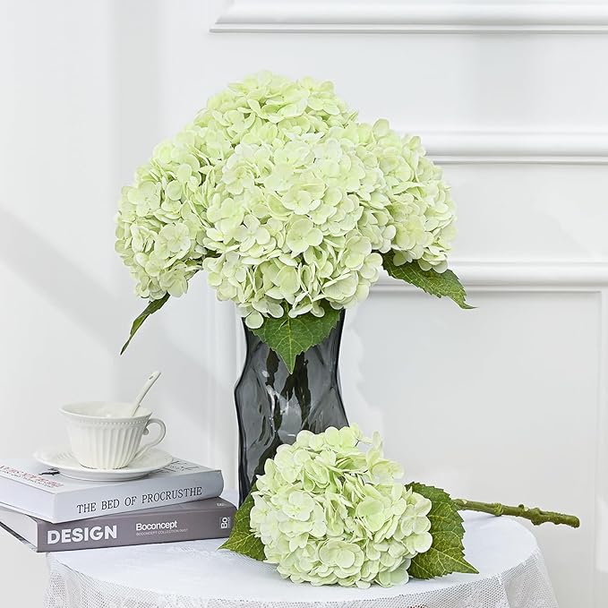 MARTINE MALL 2Pcs 21in Hydrangea Artificial Flowers, Latex Real Touch Hydrangeas Lifelike Large Hydrangea Flowers for Home Decor Party Arrangements Wedding Bouquets Centerpieces (Light Green)