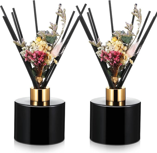 Rtteri 2 Reed Diffuser Sets Flower Oil Diffuser Sticks with Refill Empty 5oz Bottles Scent Glass for Fragrance Home Bathroom Gifts, Oil Not Included(Black Color)