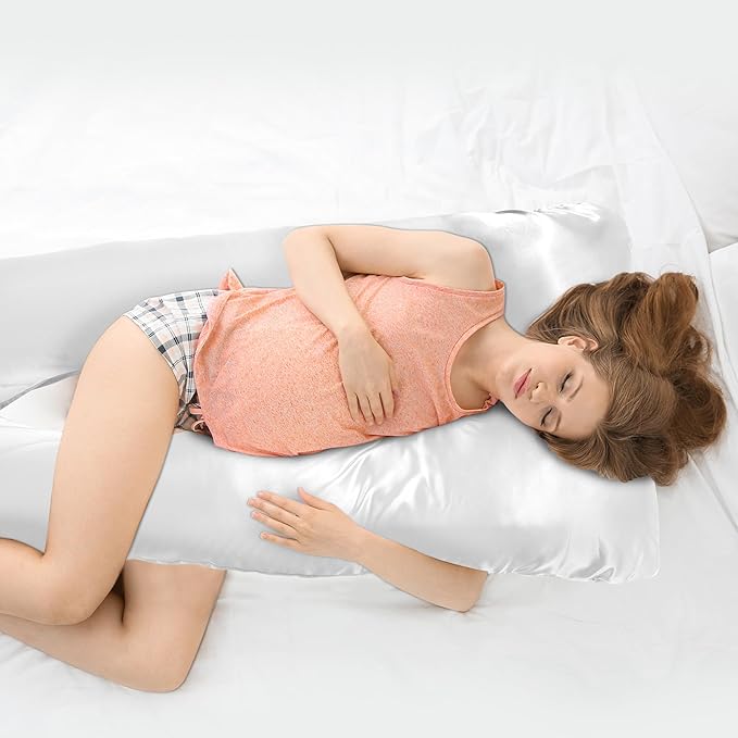 Silky Satin Pregnancy Pillow Cover (ONLY Pillowcase), U Shaped Luxurious Smooth Maternity Pillow Cover, Soft & Breathable Large Pillow Protector with Hidden Zip for Side Sleeper, White