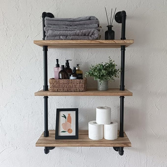 3 Tier Industrial Pipe Shelf,24 inch Floating Shelves with Solid Wood Plank,Pipe Book Shelves for Farmhouse,Industrial Wall Shelves for Bedroom,Kitchen,Living Room,Bathroom