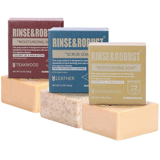 Rinse & Robust Mens Bar Soap Bath Bar Soap 3Pack Handmade Natural Soap Bar Set Cleansing Bar Moisturizing&Exfoliating Scrub Soap Fathers Day Gift Set | Leather, Sandalwood, Teakwood | 3.5 oz of 3 Bars