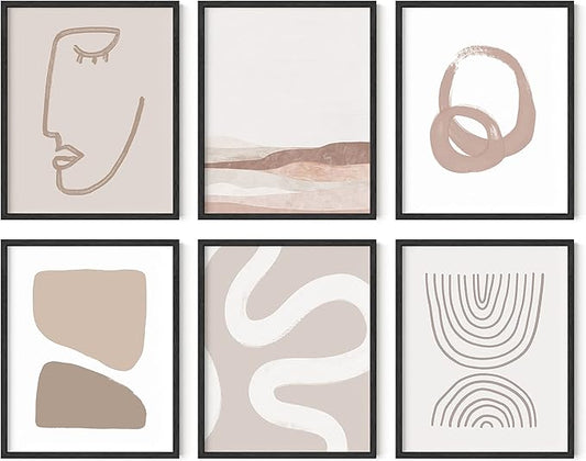 HAUS AND HUES Frameable Beige Boho Art Wall Decor - Set of 6 Neutral Mid Century Modern Wall Art, Minimalist Wall Art, Neutral Wall Decor, Beige Boho Posters for Room Aesthetic (Unframed 8x10)