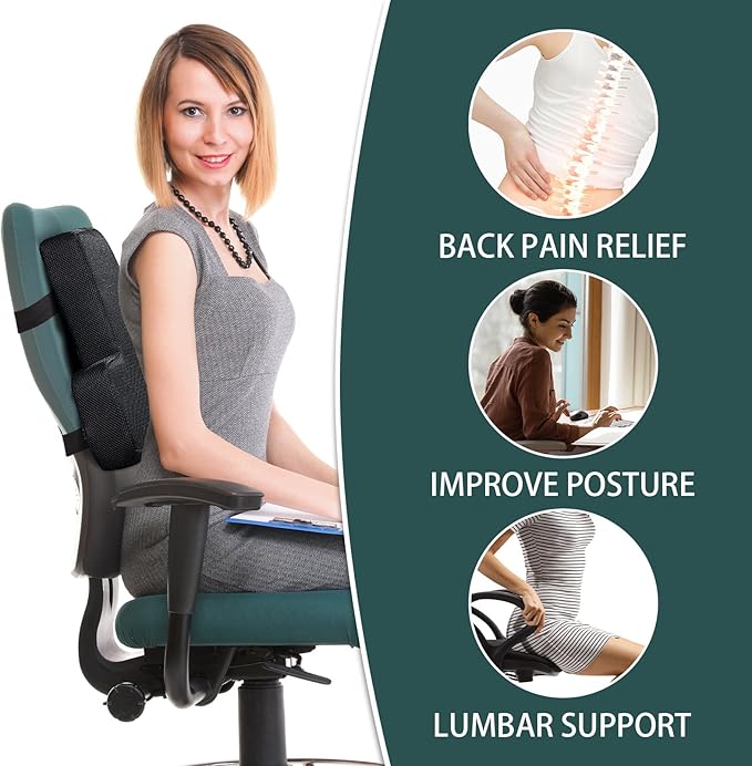 HOMBYS Lumbar Support Pillow for Office Chair-Seat Cushion for Back Support, Improved Sitting Posture and Upper/Lower Back Pain Relief for Desk Chairs, Car Seats and Airplanes(Black, 16"x12"x3")