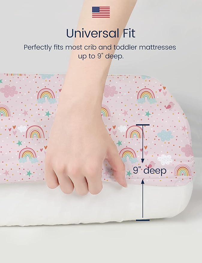 TotAha Pink Rainbow Crib Sheets Girl - Hypoallergenic, Silky Comfort, Buttery Soft, Calming Effect, All-Season Premium Stretchy Jersey-Knit Sheets, 9'' Extra Deep Pocket-2 Pack