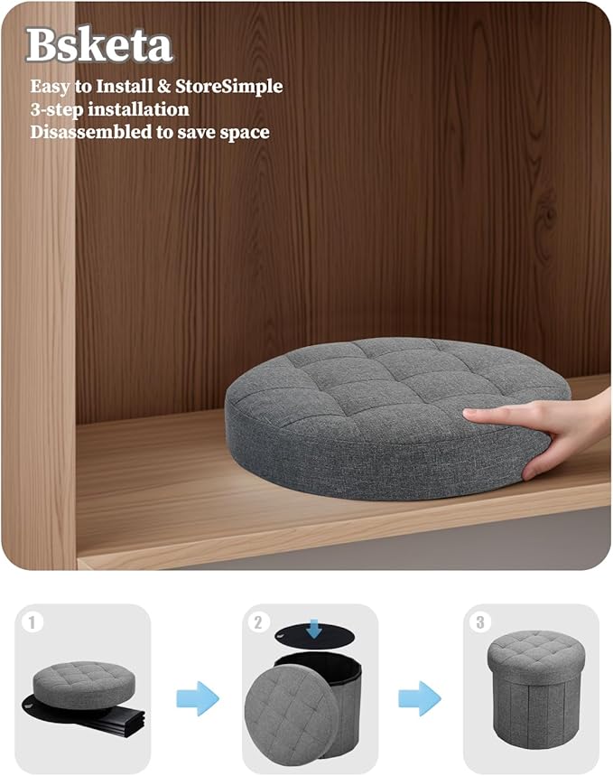 Ottoman with Storage, Foot Rest Stool with Thicker Foam Padded Seat Linen Small Round 14“ x 14” x 13 "Inchs Storage Ottoman Bench for Living Room Foldable Pouf Coffee Table 2 Pack, Dark Gray