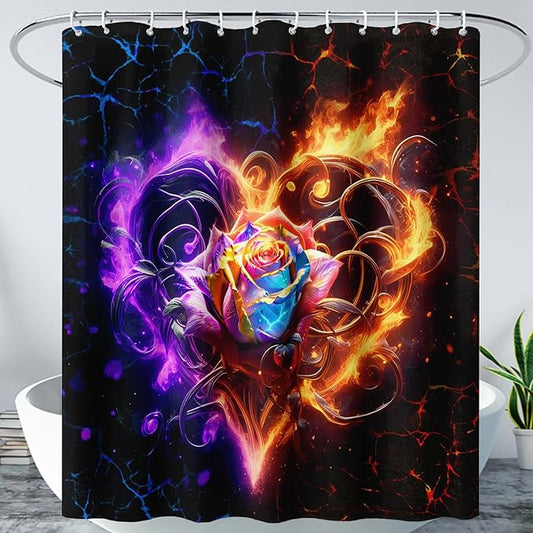 AILONEN Rose Shower Curtain for Bathroom,Purple Red Flame Fire Rose Hearts Print Bath Curtain,Modern Print Decoration Waterproof Shower Curtain with 12 Plastic Hooks, 72" W*84" H