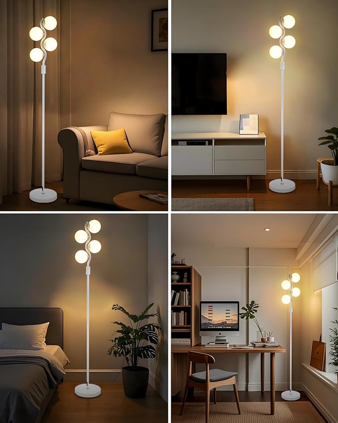 60IN Dimmable (Brightness Adjustable) White Pole Floor Lamp, Modern Standing Lamps with 4 Globe Soft Warm White 3000K Bulbs, Mid Century Floor Lamp for Living Room Bedroom Home Decor