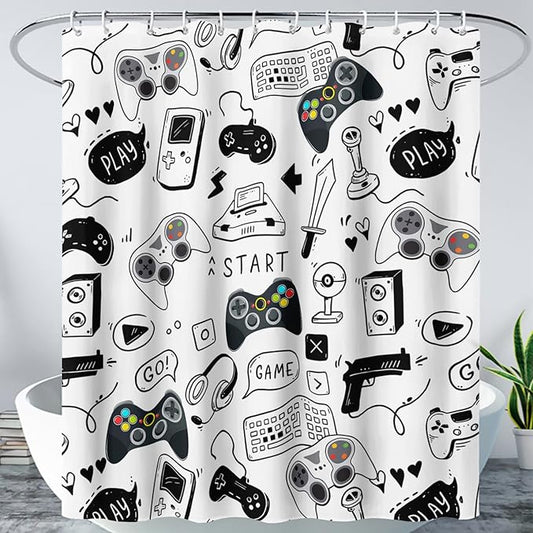 AILONEN Gamer Shower Curtain for Boys 72" W*84" H Black Gaming Video Game Bathroom Curtain,Teen Boys Bath Curtain Polyester Waterproof Retro Game Controller Bathroom Curtain with 12 Hooks