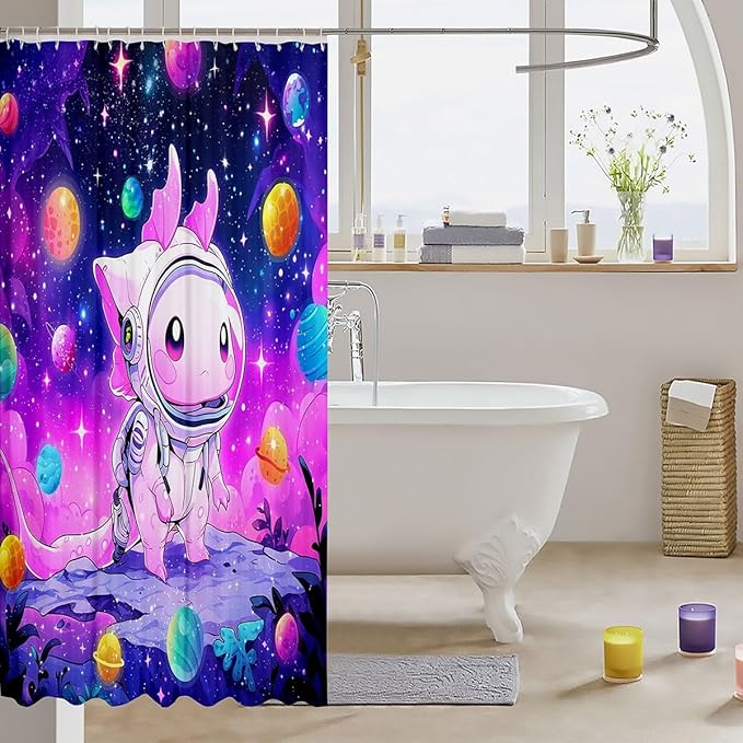 Cartoon Axolotl Kids Shower Curtains,Starry Sky Galaxy Outer Space Planet Bathroom Curtains for Girls Boys,Cute Salamander Astronaut Purple Chic Waterproof Curtains,12 Hooks Suits,72"W x 78"L