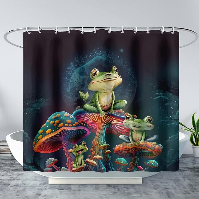 AILONEN Frog Mushroom Shower Curtain Cartoon Animal Wildlife Frog Mystic Black Sky Red Mushroom Minimalist Modern Art Shower Curtain Bathroom Decor Curtains with 12 Hooks,Green 60" W*72" H