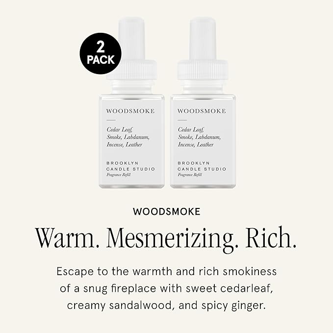 Pura & Brooklyn Candle Studio Home Scent Refill - Smart Home Air Diffuser - Up to 120-Hours of Luxury Fragrance per Vial - Clean & Safe Diffuser Fragrance - 2 Pack, Woodsmoke