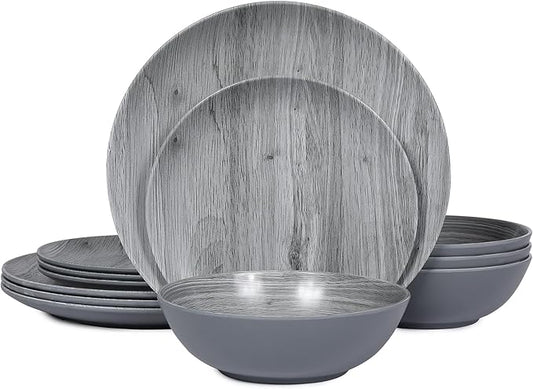 Melamine Dinnerware Set - 12pcs dinnerware set Indoor and Outdoor use, Bamboo Pattern Dishes Dinnerware Set for 4,Dishwasher Safe (Grey wood)