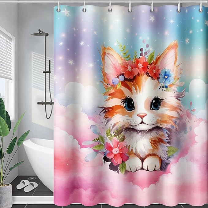 AILONEN Kawaii Cat Shower Curtains,Pink Sky Flora Cat Bath Curtains Gifts for Cat Lover,Cartoon Cat Curtains,Polyester Waterproof with 12 Plastic Hooks 48" W*72" H