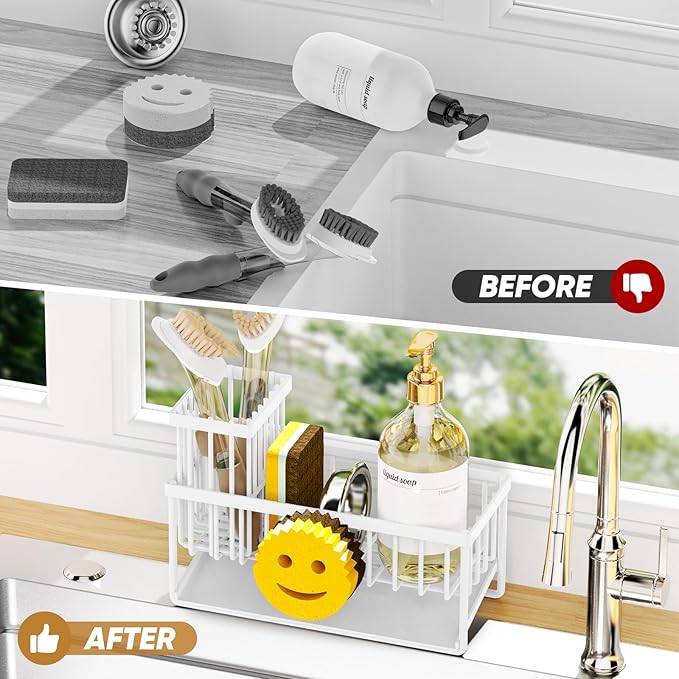 Sponge Holder for Kitchen Sink,Smiley Face Sink Caddy with Removable Brush Holder,Self-Draining Sponge Caddy for Soap,Dish Brush,Scrubber,Kitchen Essentials and Gadgets-White