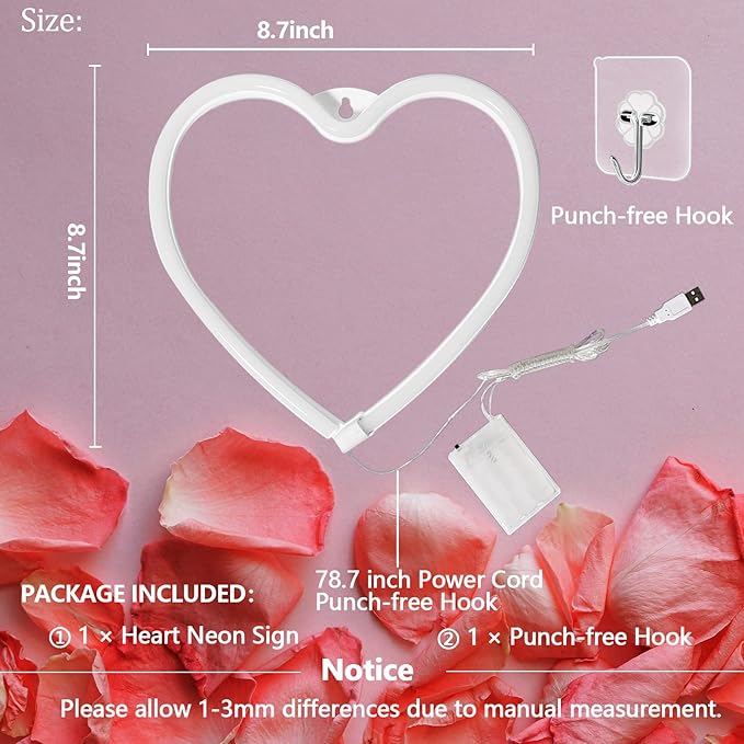 Pink Heart Neon Sign for Valentine's Day, Led Light 8.78.7 Inch Battery or USB Powered Romantic Love Lamp for Bedroom Wall Decor Art Kids Girl Room Wedding Party