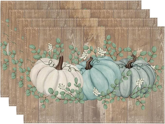 Artoid Mode Wood Pumpkins Eucalyptus Leaves Fall Placemats Set of 4, 12x18 Inch Autumn Thanksgiving Harvest Vintage Table Mat for Party Dining Decoration