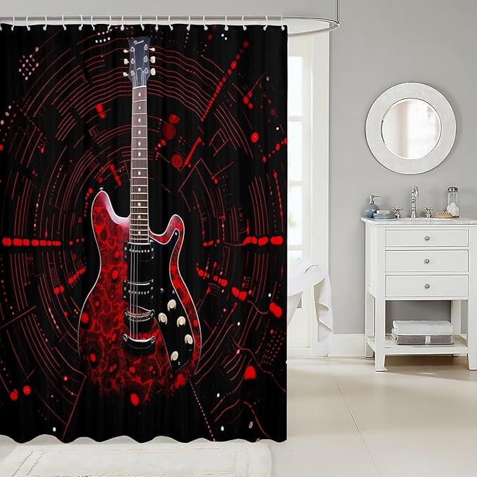Feelyou Red Guitar Bathroom Waterproof Accessories with 12 Hooks Guitar Instruments Fabric Shower Curtain for Boys Girls Rock Music Shower Curtain Splash-Ink Curtains,72x72 Inches