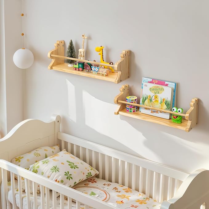Gronda Cute Nursery Floating Shelves, Natural Solid Pine Wood Kids Bookshelves Wall Mount Storage Organizer Rustic Boho Decor for Kids Room Playroom Study Room Living Room Bedroom