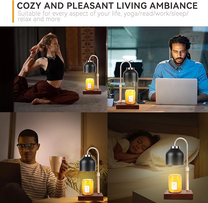 Candle Warmer Lamp with 3 Bulbs, Adjustable Height Dimmable Candle Warmer with Timer, Compatible with Large Jar Candles, Candle Lamp with Charming Gift Box Ribbon for Her/Him(Black)