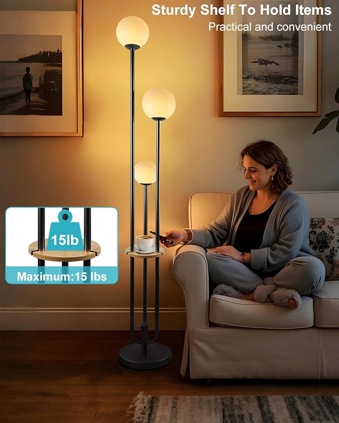 63IN Dimmable Floor Lamp with Shelf, Unique Globe Black Tall Standing Lamps with 3 Poles, 3000K Warmwhite Mid Century Modern Floor Lamp for Living Room Home Office(Bulbs Included)
