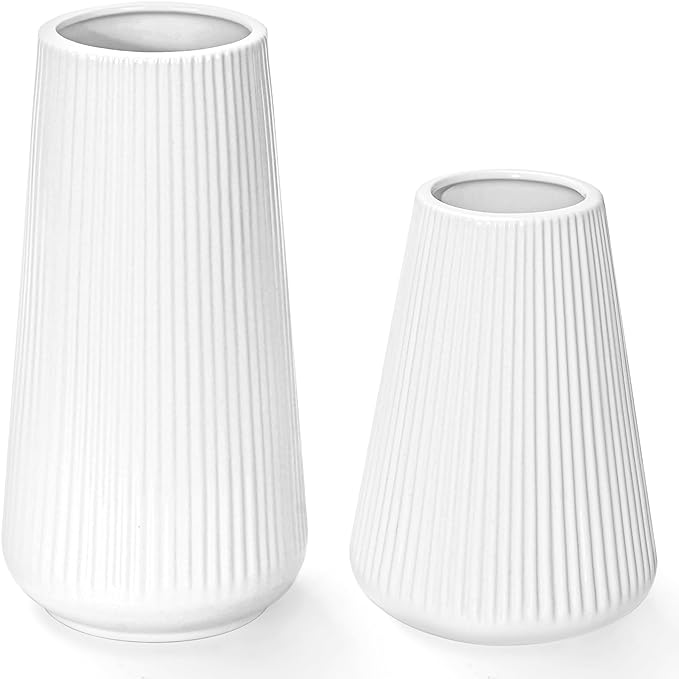 White Ceramic Vase, GUKJOB Small Cute Flower Vase for Pampas Grass, Home, Living Room, Dining Table, Farmhouse, Office Decor, Bedroom, Table, and Kitchen Shelf (White- 2PCS)