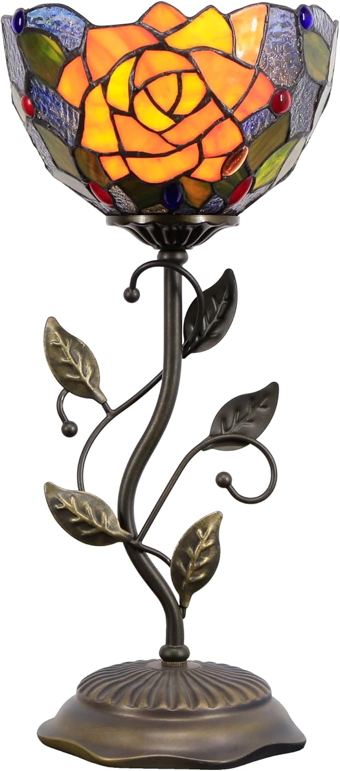 Small Tiffany Lamp Stained Glass Table Lamp Uplight Accent Lamp with Metal Leaf Base Yellow Purple Rose Style Desk Light 8X19 Inch for Home Office Living Room Bedroom