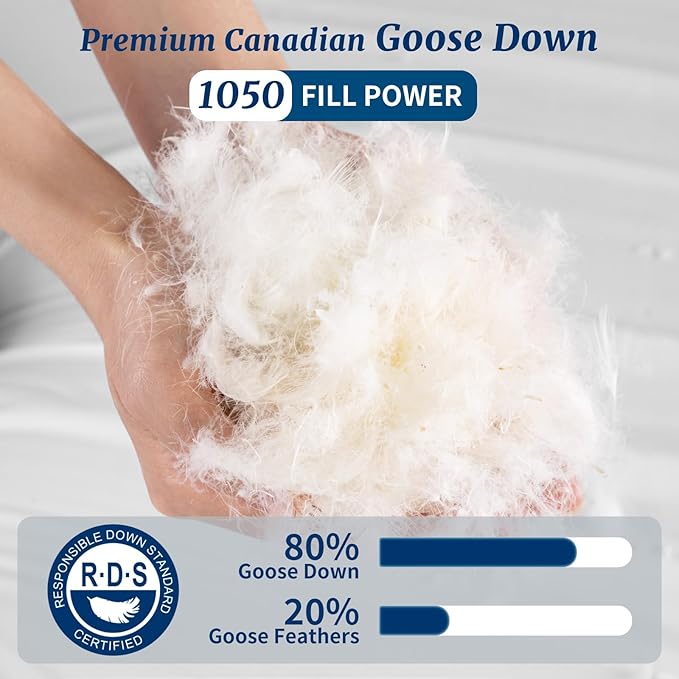 Canadian Luxury Goose Down Pillow King Size - 1050 Fill Power, 600 TC Cotton Shell- Ultra Soft and Comfort Sleep Pillows - Bed Pillows for Back, Stomach, Side Sleeper(White,King(Pack of 1))