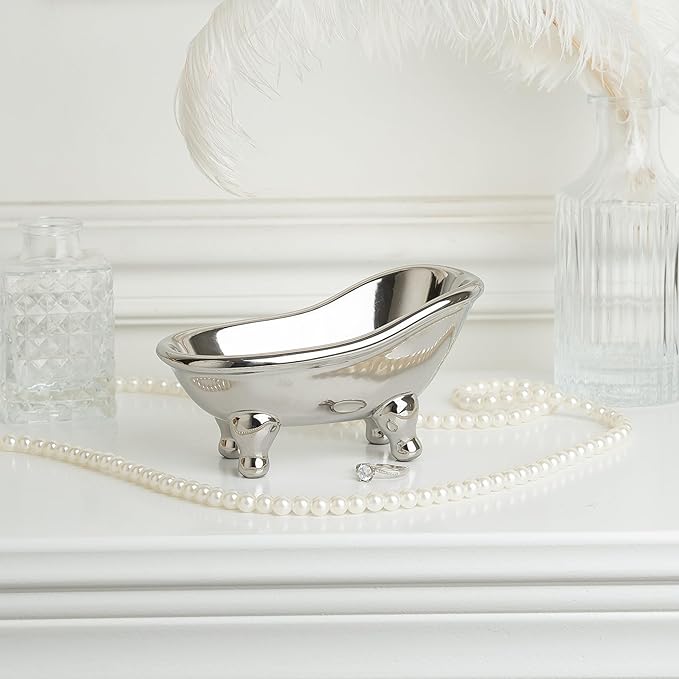 5.6" Ceramic Mini Bathtub Soap Dish Decortative Clawfoot Bathroom Soap Dish (Silver)