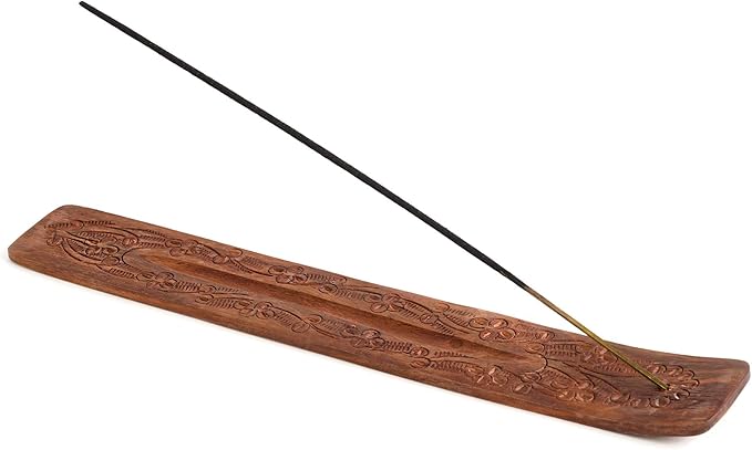 Incense Garden Wood Incense Holder - Carved Wooden Ash Catcher - Hand Stained - 10 inches Long (Brown)