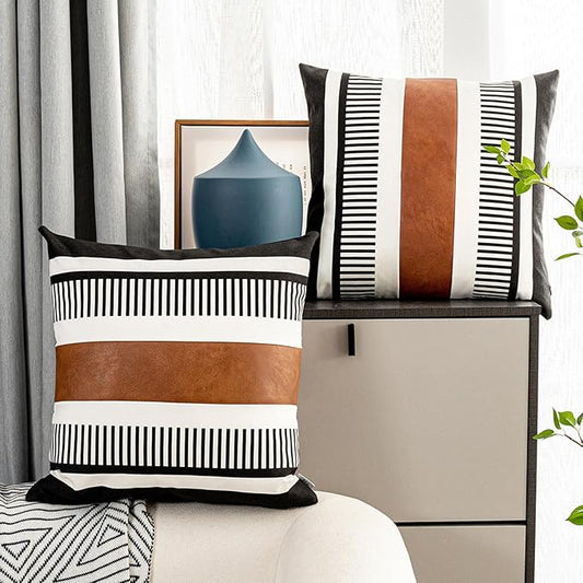 Pack of 2 Faux Leather and Cotton Patchwork Throw Pillow Covers for Sofa Couch Farmhouse Decorative Square Cushion Cover Boho Stripe Accent Pillow Case 20 x 20 Inch, Black